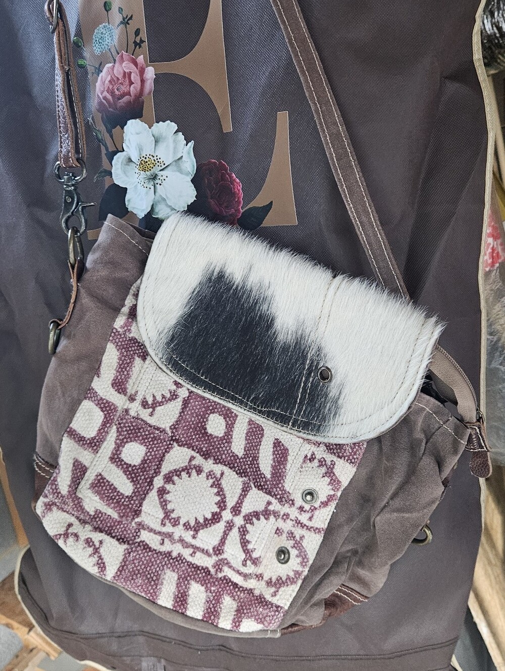Boho Cowhide Flap Crossbody Bag in Brown and Ivory
